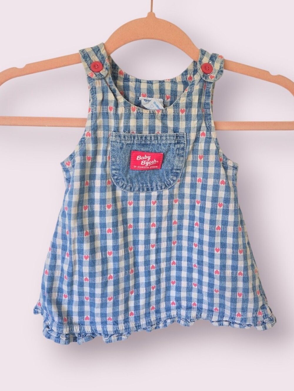 Vintage 90s OshKosh B'gosh Gingham Heart Jumper Denim Pocket Plaid Dress 18M